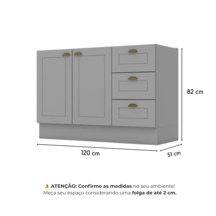 Balcão para Pia 2 Portas 3 Gavetas MDF 120cm Emily Cinza Cinza · foto 2