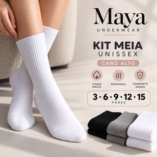 Kit Com Até 12 Meia Cano Longo Confortável Reforçado Com Textura Poliéster Algodão Meias Unissex