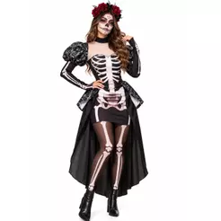 Fantasia Feminina de Halloween Rainha Caveira Mexicana Adulta Vestido de Luxo Esqueleto Com Cauda