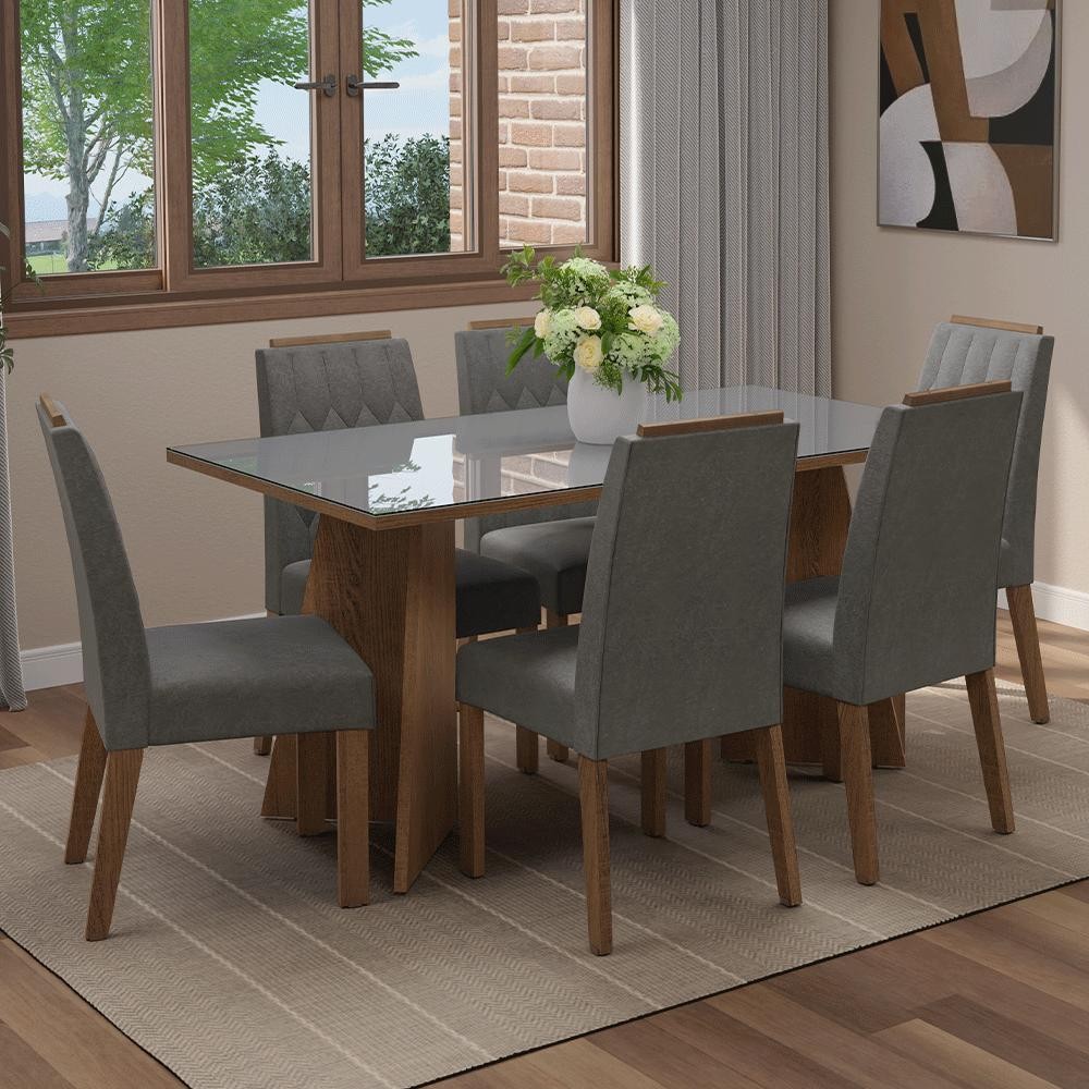 Conjunto Sala de Jantar Tampo de Vidro 6 Cadeiras Rustic/Cinza/Silver Sintra Madesa