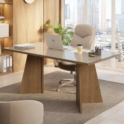 Mesa para Escritório Diretor Presidente 180cm Tampo de Vidro Rustic/Crema 5388 Madesa
