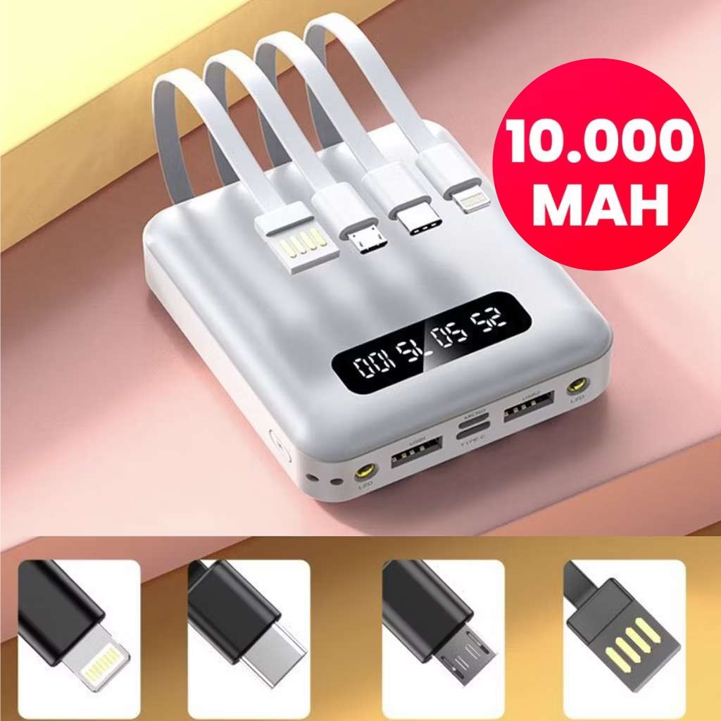 Carregador Portátil 10000mAh com 4 Cabos de Carga Rápida – Power Bank com LED Digital