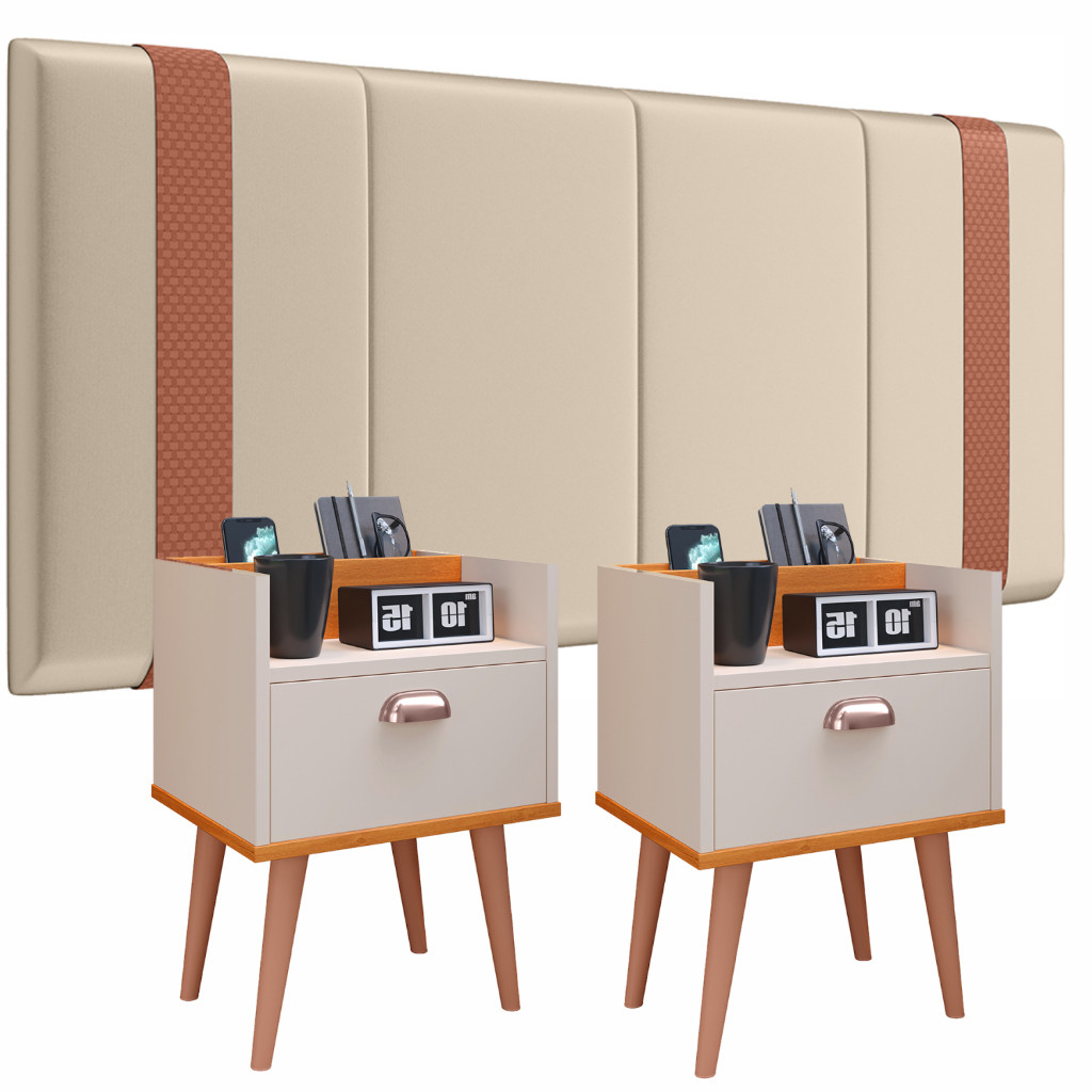 Quarto Casal Cabeceira Modulada 1.40 e Mesa de Cabeceira Milena Gaveta  Big Store