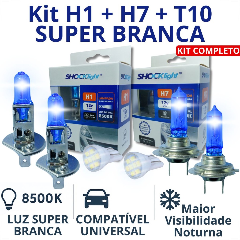 KIT LÂMPADA FAROL ALTO BAIXO E LANTERNA H1 H7 T10 SUPER BRANCA 12V LED