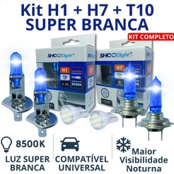 KIT LÂMPADA FAROL ALTO BAIXO E LANTERNA H1 H7 T10 SUPER BRANCA 12V LED