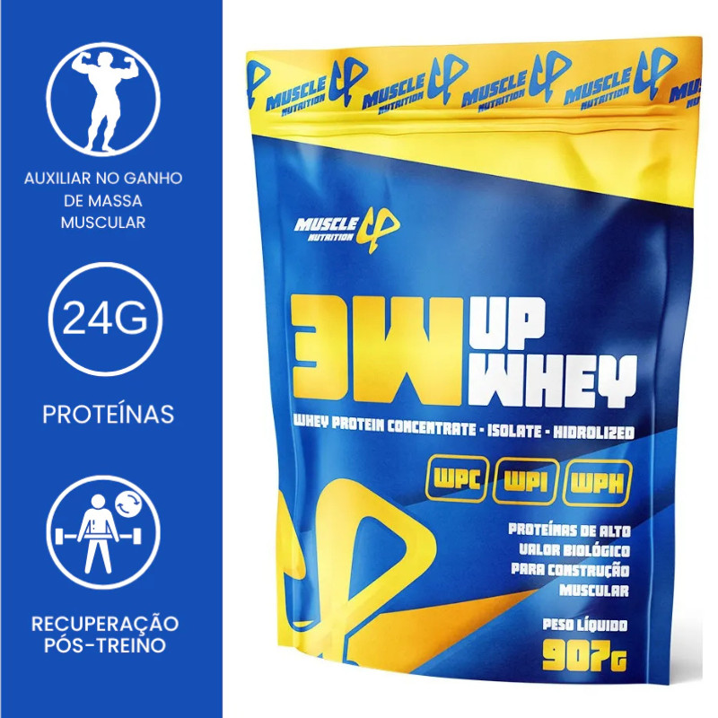 Top Whey Protein 3W Up Muscle Nutrition 900g - WPC + WPI + WPH 🥇 Proteína Pura para Ganho de Massa Muscular