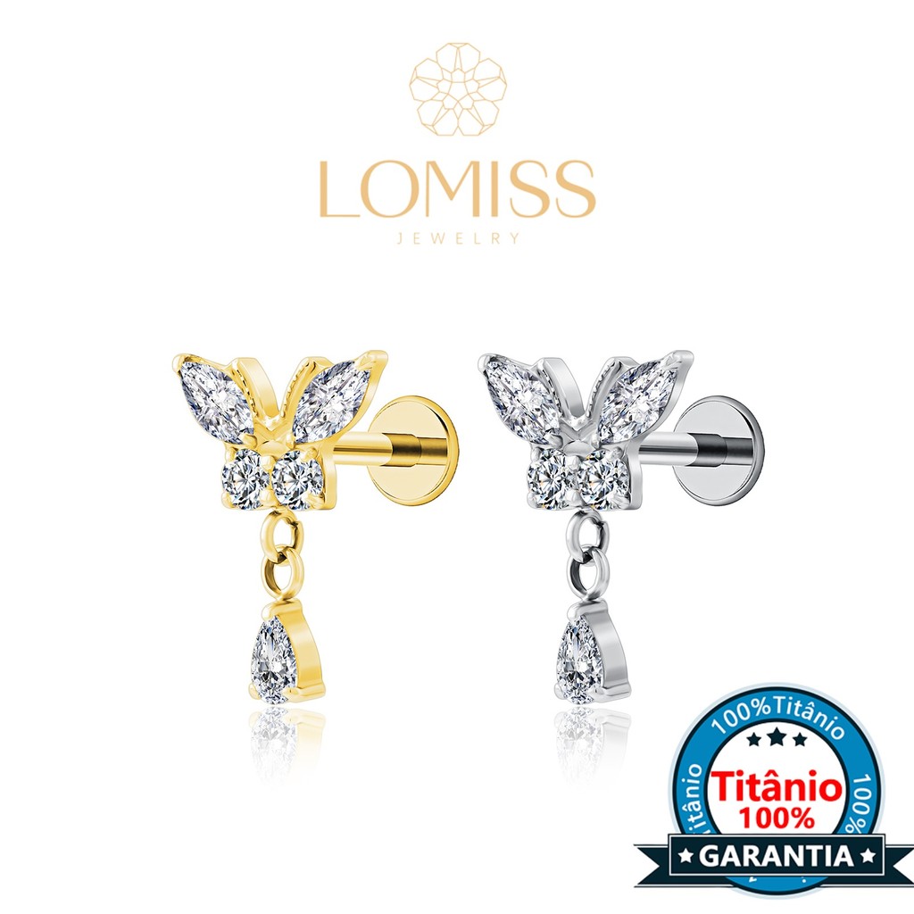 Piercing Labret Orelha Titânio Pingente Gota Borboleta Com Zircônias Cravejado Para Cartilagem Tragus Conch Nariz Boca