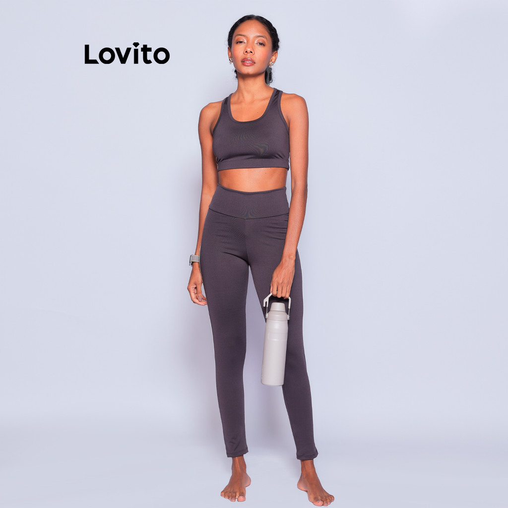Lovito Legging Esportiva Lisa Feminina LB886BRL916 em Oferta na Shopee