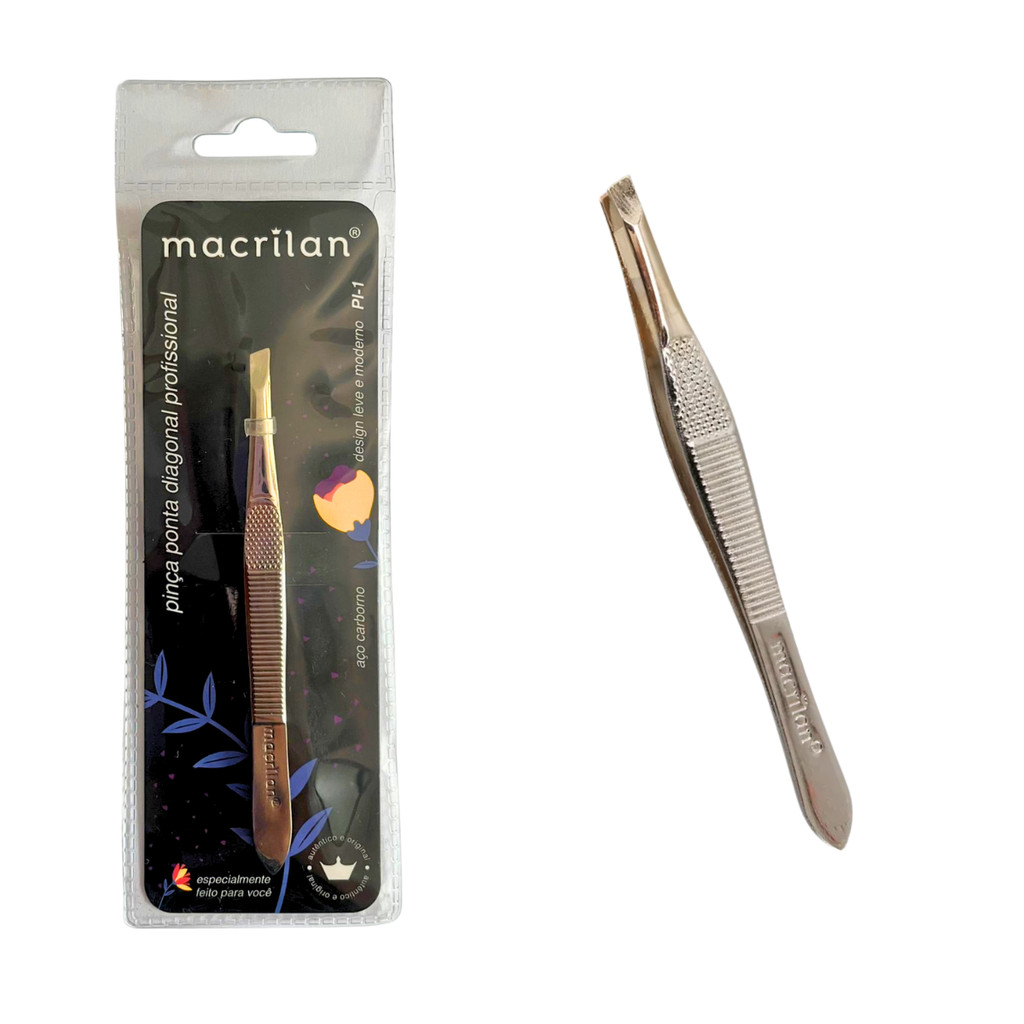 Pinça Para Sobrancelhas Profissional Ponta Diagonal Macrilan PI-1