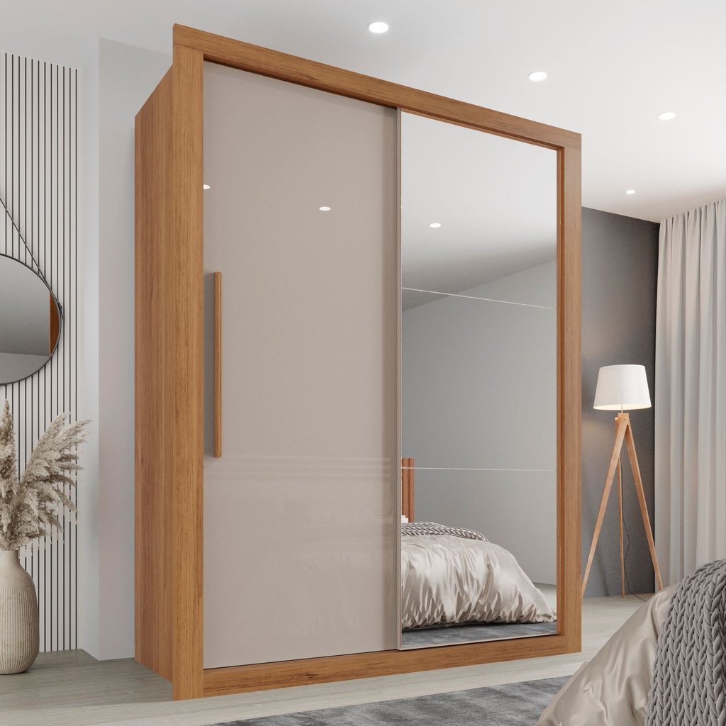 Guarda Roupa Solteiro com Espelho 2 Portas 2 Gavetas Costa Rica  Cinamomo/Off-White em Oferta na Shopee