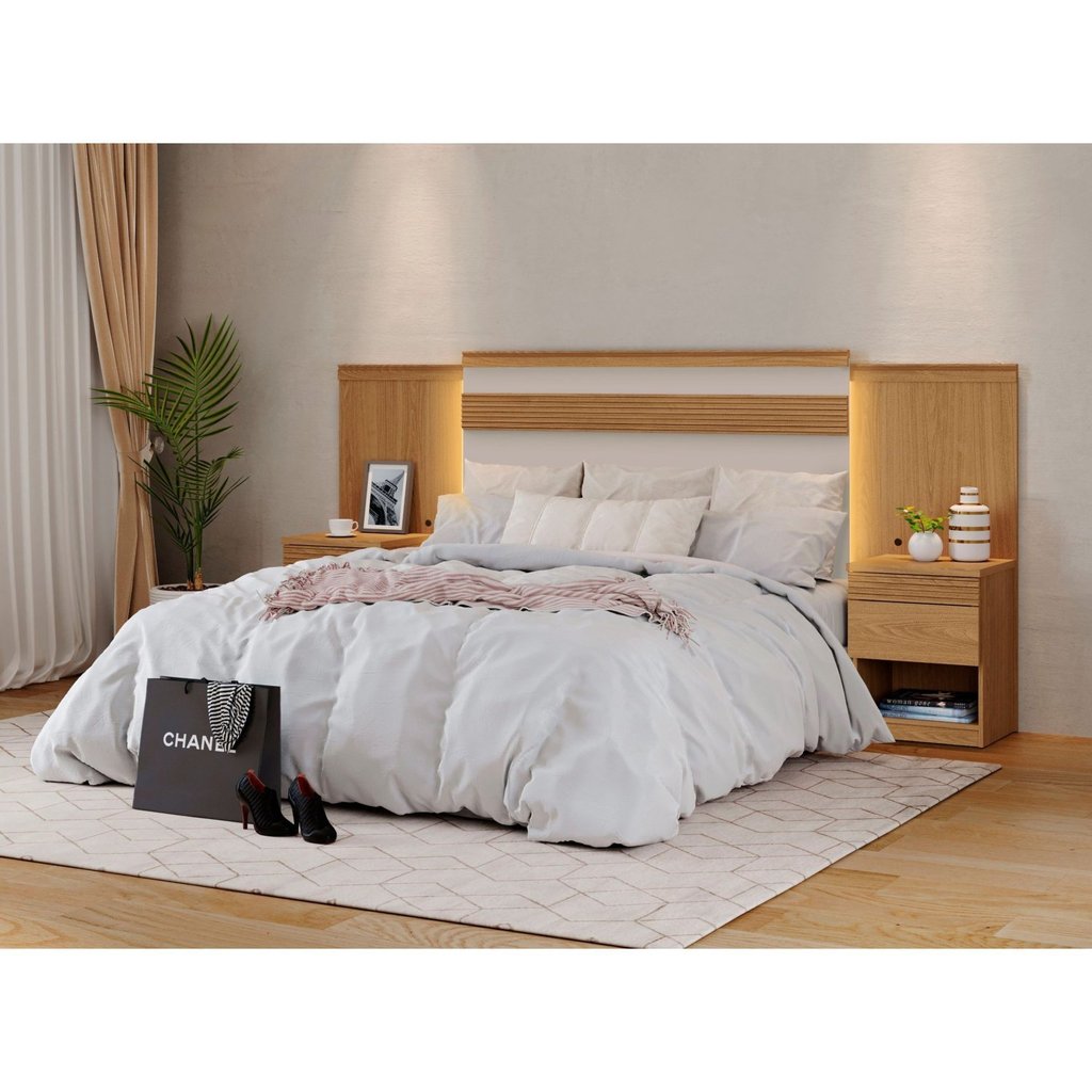 Cabeceira para Cama de Casal Extensível Casal / Queen / King com 2 mesa de Cabeceira 100% MDF Granada Freijó/Off White