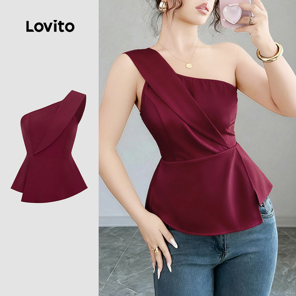 Lovito Blusa Casual De Festa Com Fenda Assimétrica E Franzida Na Cor Bordô Ideal Para Primavera/verão L155AD298 em Oferta na Shopee