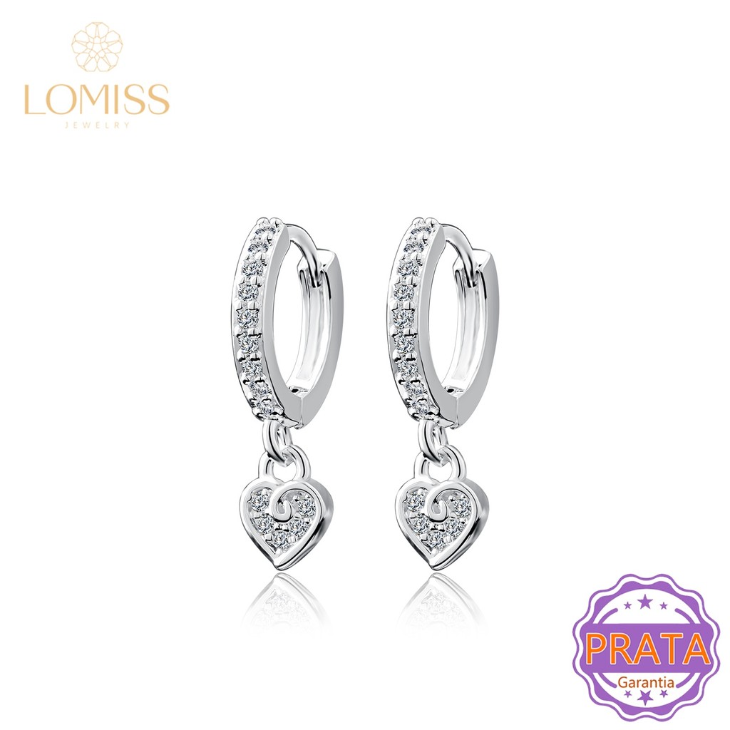 1 Par Brincos Argola Orelha Prata 925 Zircônias Cravejado Brilhante Com Pingente Coração - Presente