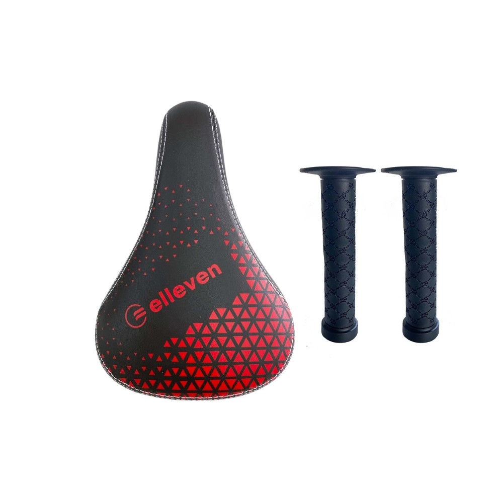 Banco Selim Bmx Elleven Holográfico Preto/ Vermelho + Manopla Bmx Grau wheeling 145MM Elleven Loop Preto