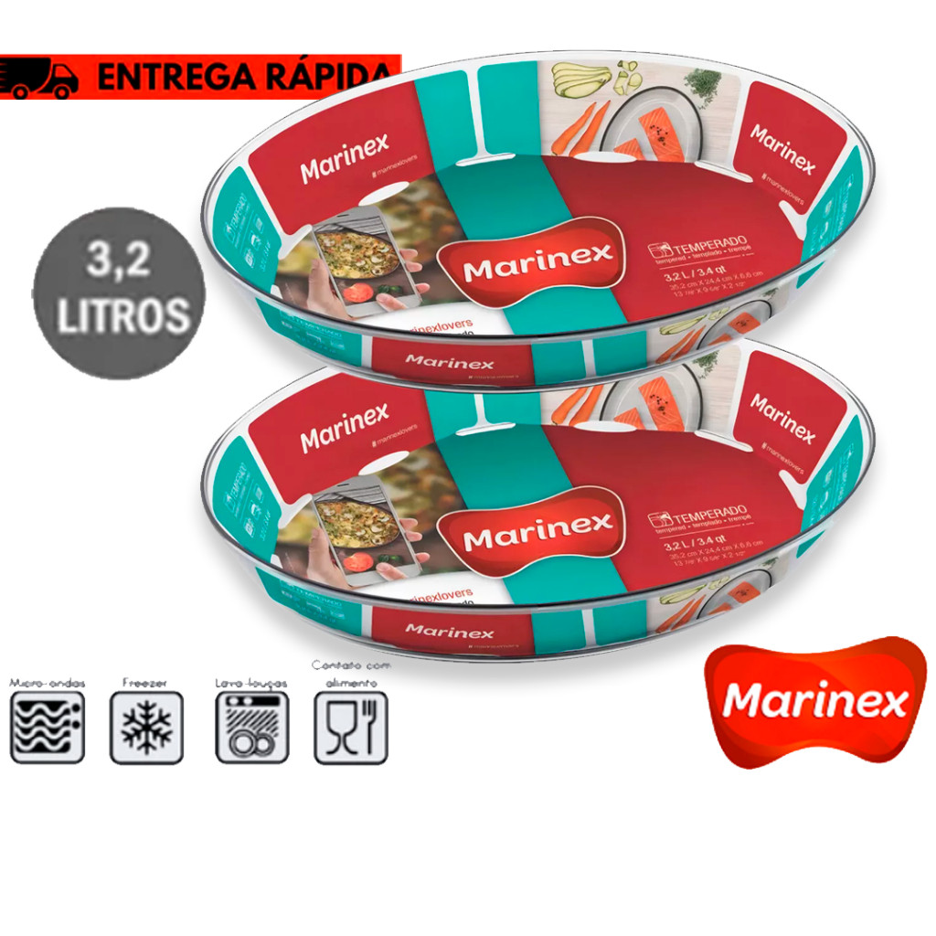 Kit Jogo de 02 Assadeiras Marinex de Vidro temperado Super resistente e proprias para forno assadeiras ovais