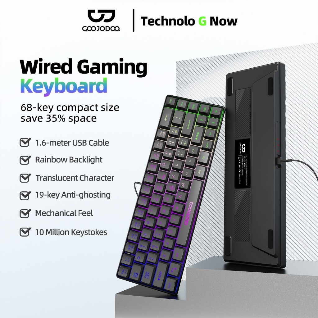 Teclado com fio Goojodoq de 68 teclas com design ergonômico e iluminação RGB compatível com diversos sistemas. em Oferta na Shopee