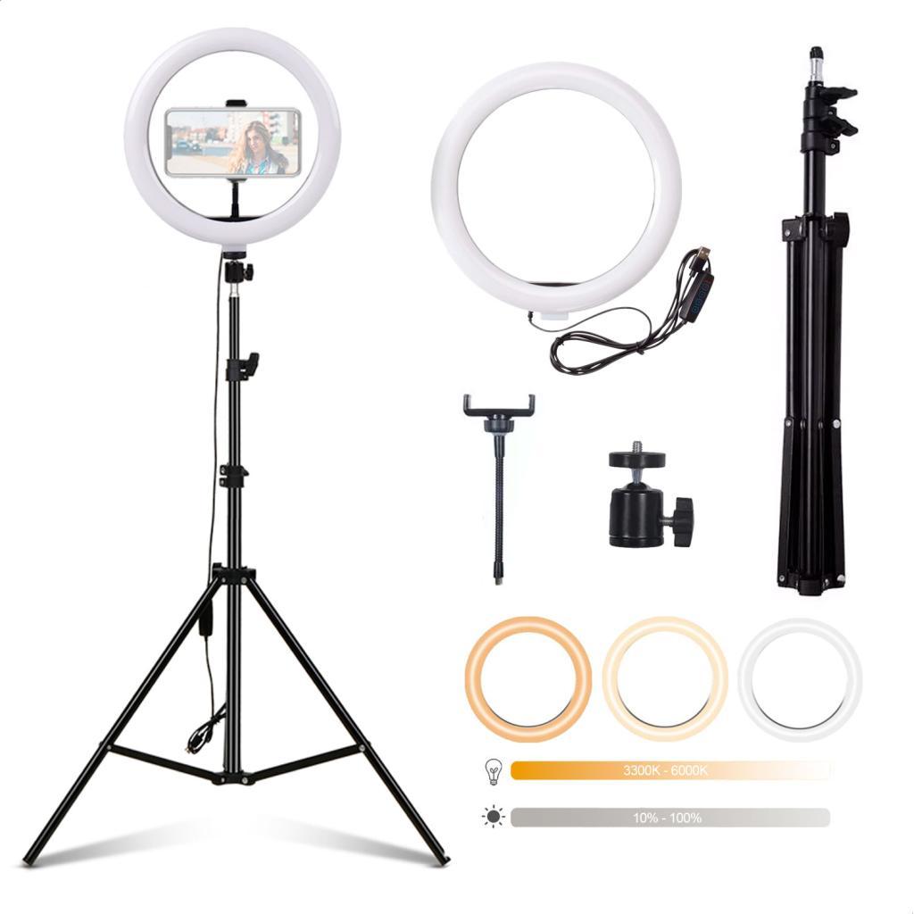 Ring Light 26cm com Tripé 1,60m e Suporte Celular LED USB para Fotos Vídeos e Lives