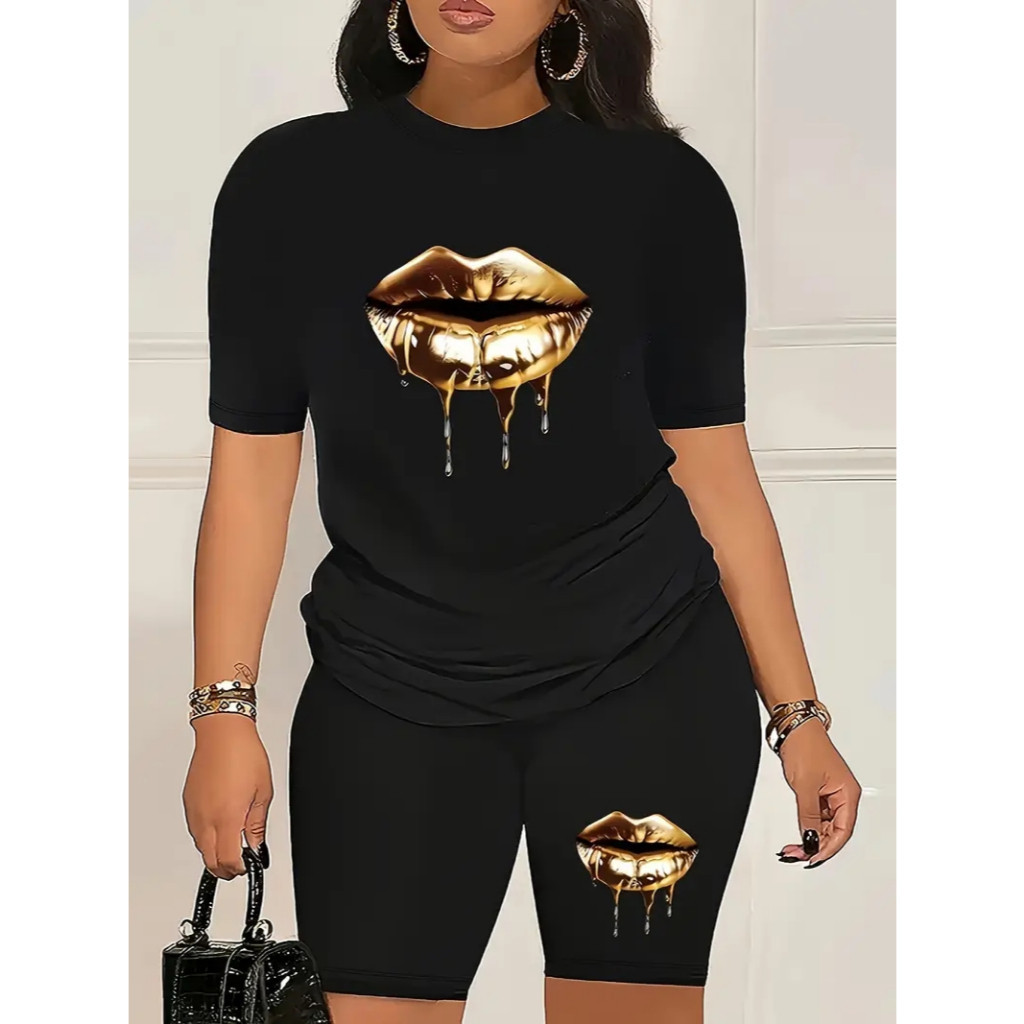 CONJUNTO FEMININO ACADEMIA CAMISETA+BERMUDA LEGGINGS ZERO TRANSPARENCIA ESTILOSO LABIOS DOURADO