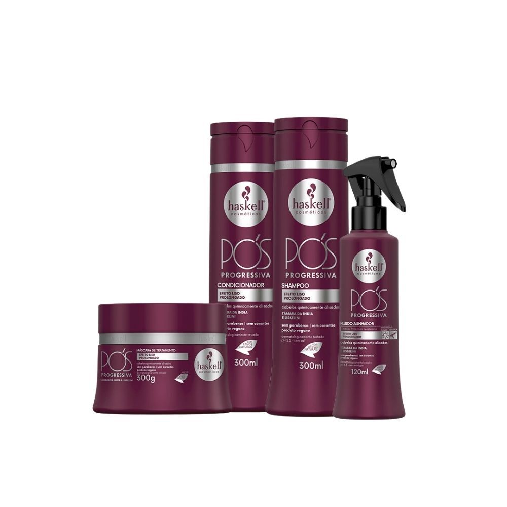 KIT HASKELL POS PROGRESSIVA  SHAMPOO, CONDICIONADOR, MASCARA E FLUIDO 300ML-  Cuidado para Cabelos Quimicamente Alisados