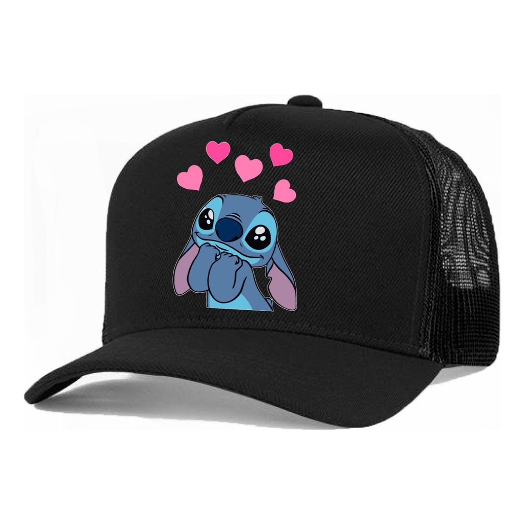 Boné Trucker Preto Liso Redinha Lilo Stitch Aba Curva