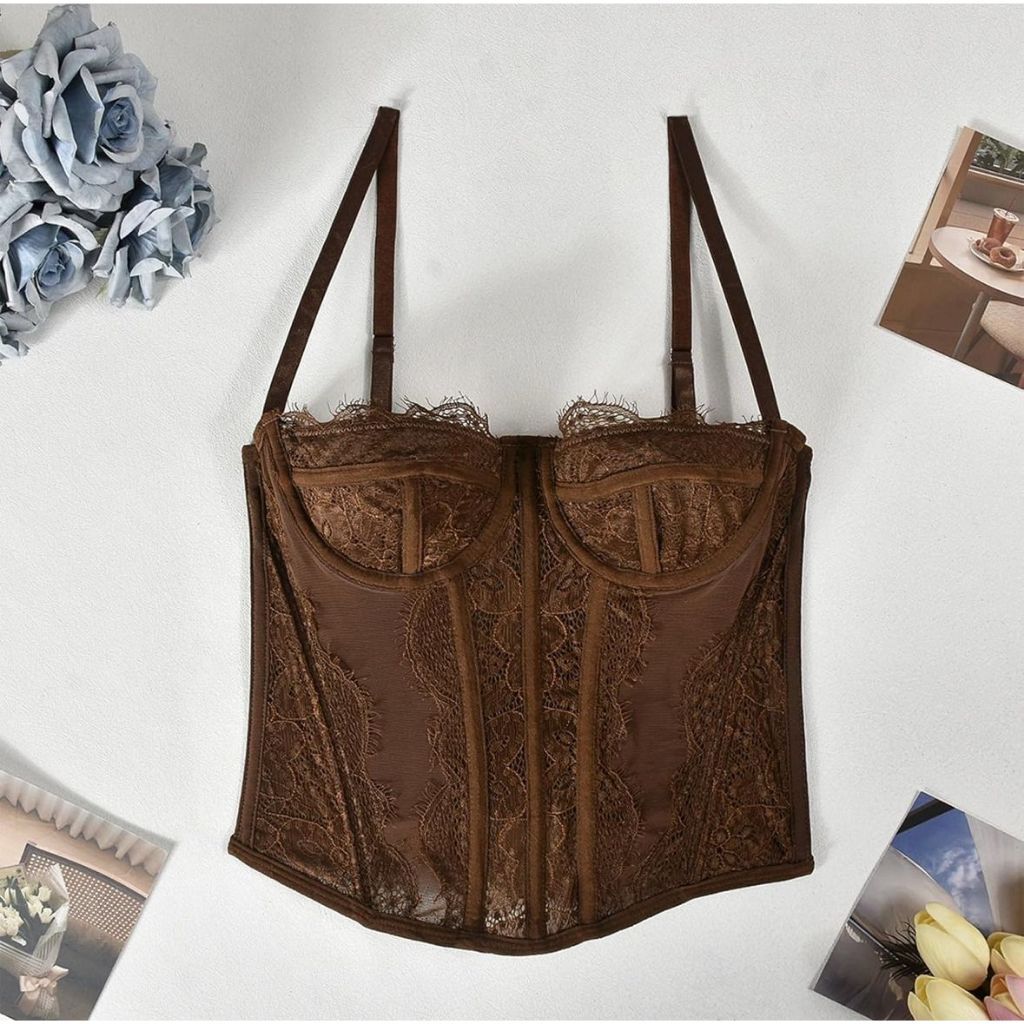 Cropped Feminino Corset Renda Corselet Alça Regulagem Sexy Corpete Blusa Moda 2025