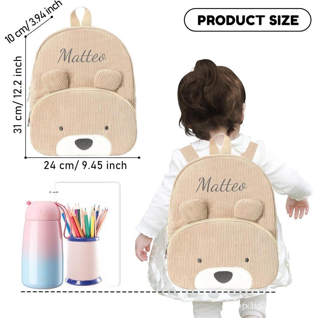 Mochila Infantil Bordada Personalizada Com Nome De Veludo Para Meninos E Meninas Fofa De Urso Escola Viagens — imagem 2 de 2
