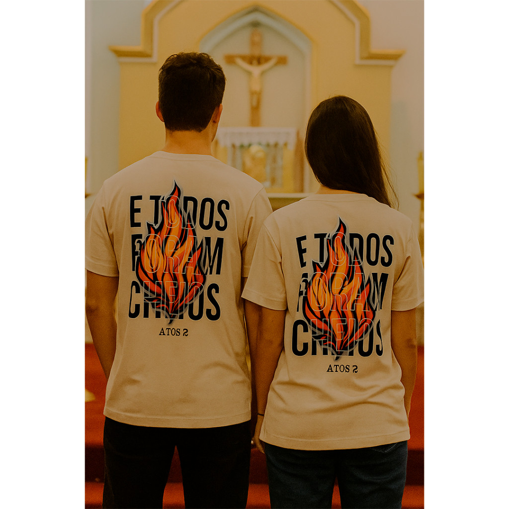 Kit 2 Camisetas Casal Cristão Bege Atos 2 Amor e Fé 100% Algodão Tendência Gospel Moda Casual