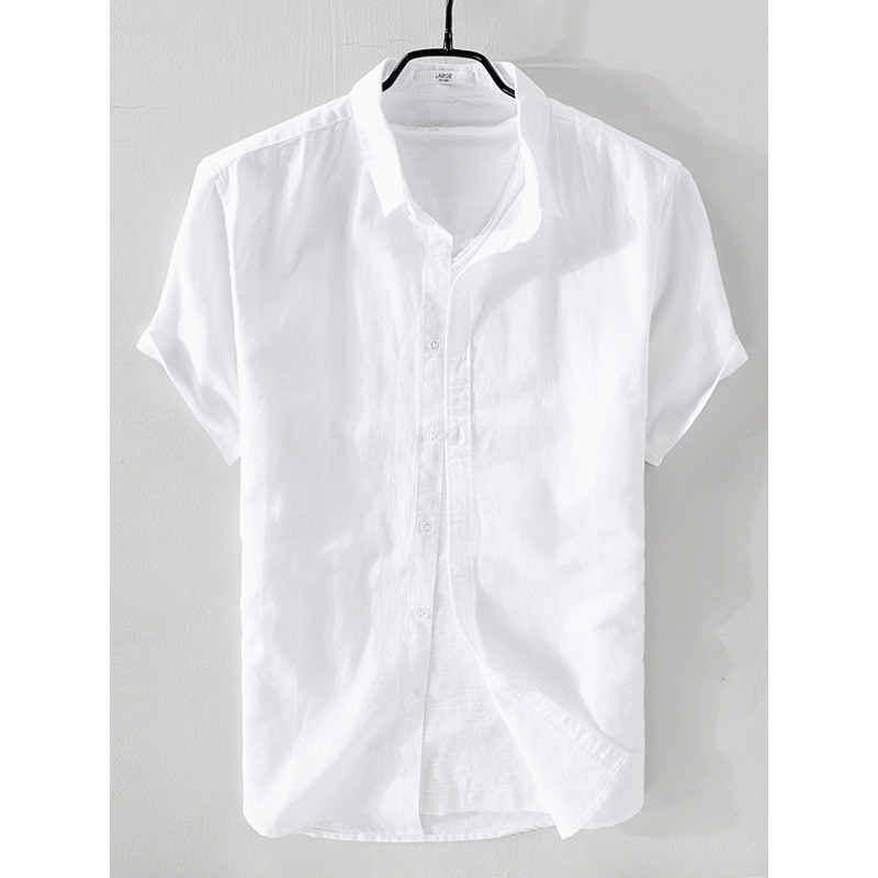 Camisa de linho fino de verão masculina de manga curta solta Casual camisa de linho de algodão tecido de linho topo bran
