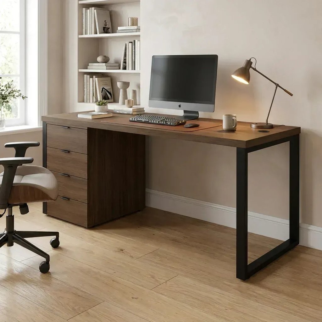Escrivaninha com Gaveteiro Industrial 4 Gavetas e Passa-Cabos 190x70cm Frame Office Espresso Móveis Carvalho/Munique
