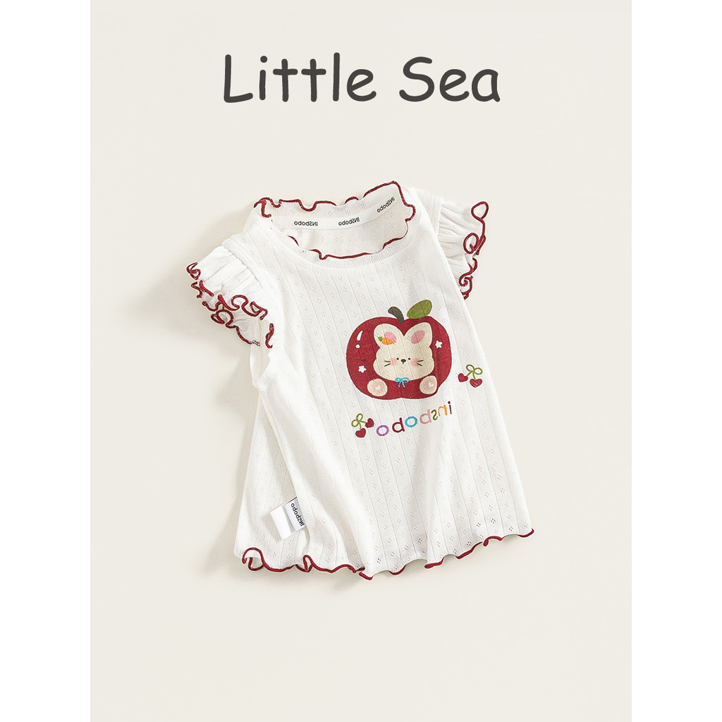 Verão curto dos desenhos animados menina camiseta bonito impresso crianças pequena manga voadora topo fungo borda femini