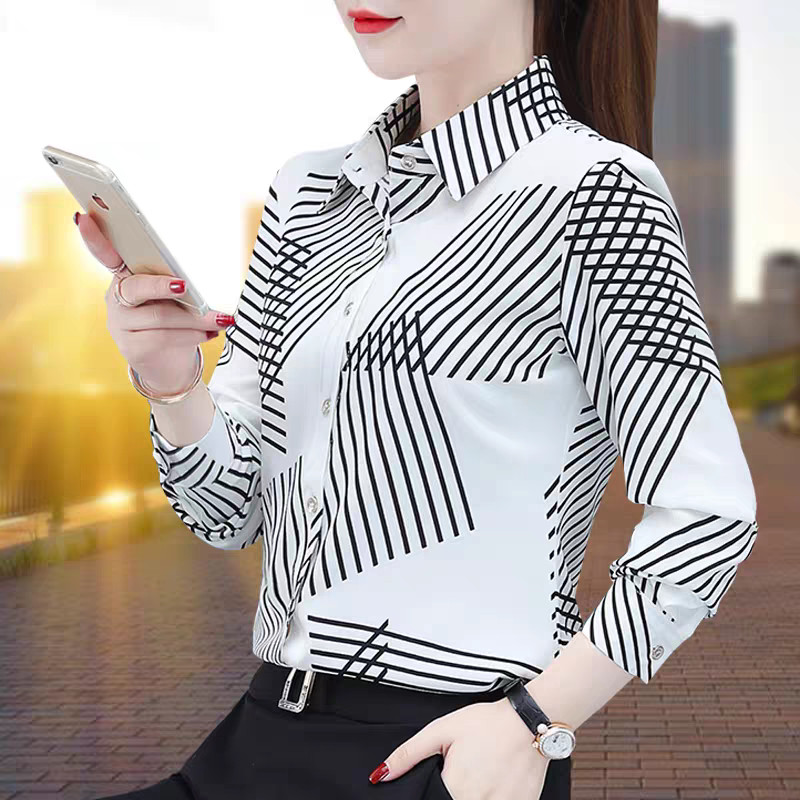 Estilo ocidental lapela listrado impresso camisa de manga comprida primavera verão novo estilo moda feminina botão Cardi