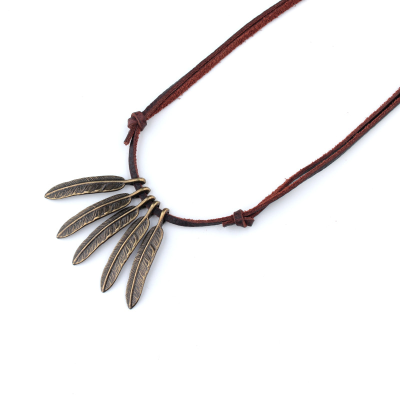 Corda de couro de pena indiana, estilo étnico Original, corrente de suéter, colar longo retrô, pingente feminino exclusi
