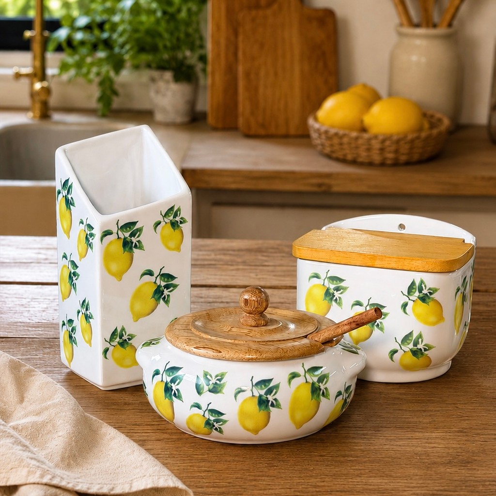 Kit 3 peças saleiro + porta-utensílios + farinheira em porcelana - Limão siciliano