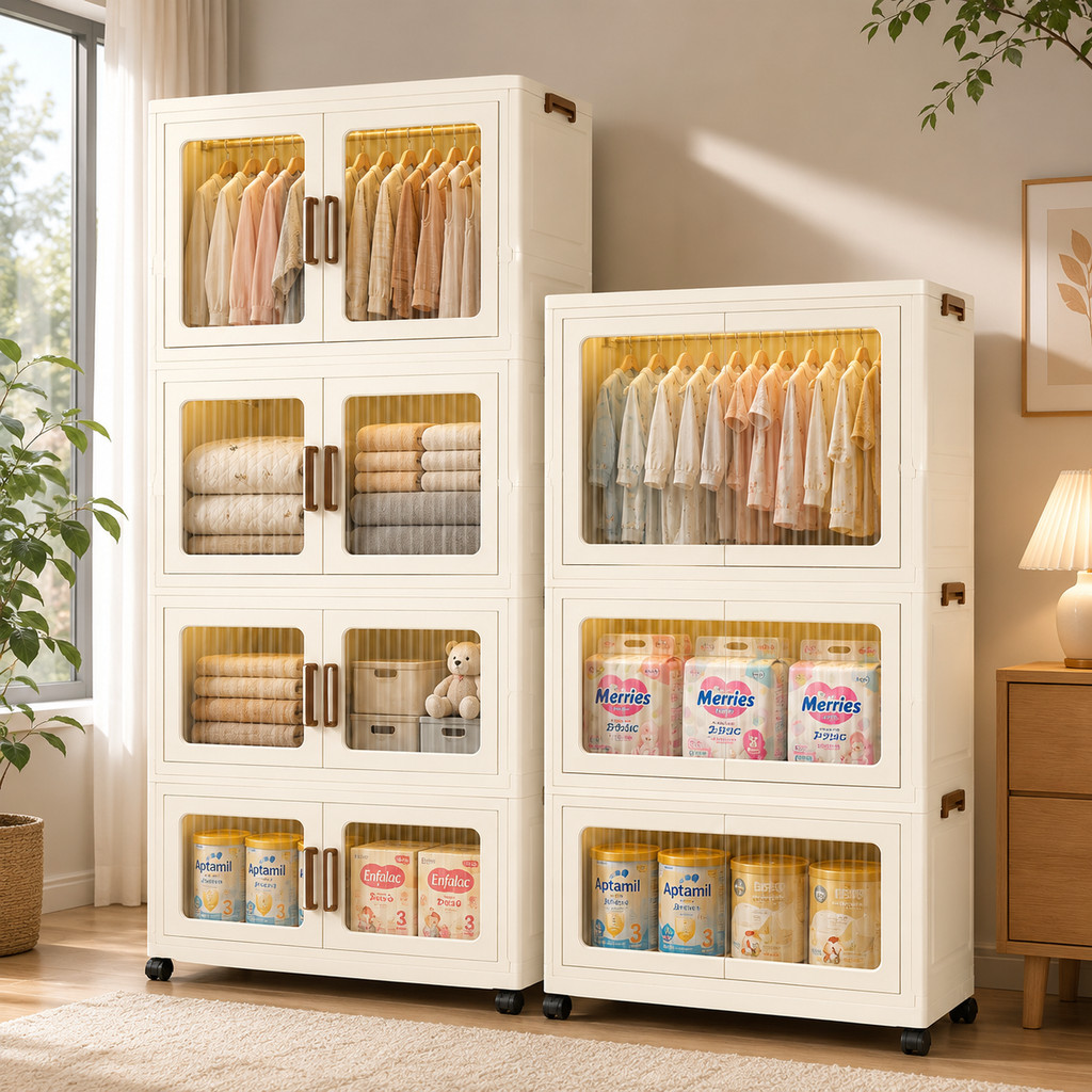 Caixa Organizadora Dobrável 439L/354L com Rodas Porta Magnética Guarda-Roupa 3/4 Camadas