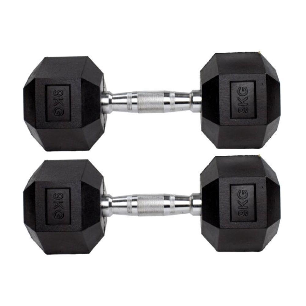 Par Halteres 9kg + 9kg Dumbbell Sextavado Emborrachado Pegada Cromada Gallant (G