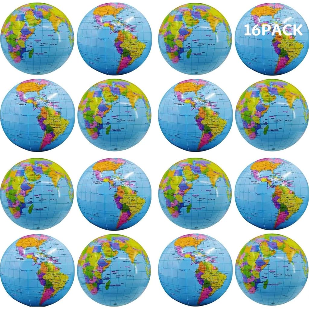 Bolas de Praia Infláveis em Lote Jumbo 16" em Forma de Globo Terrestre para Piscina, Brinquedos de Verão para Festas - J