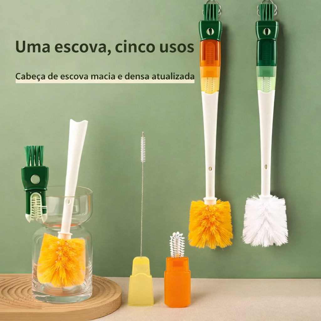 Escova de Limpeza 5 em 1 Multifuncional para Copos Garrafas Canudos e Mamadeiras