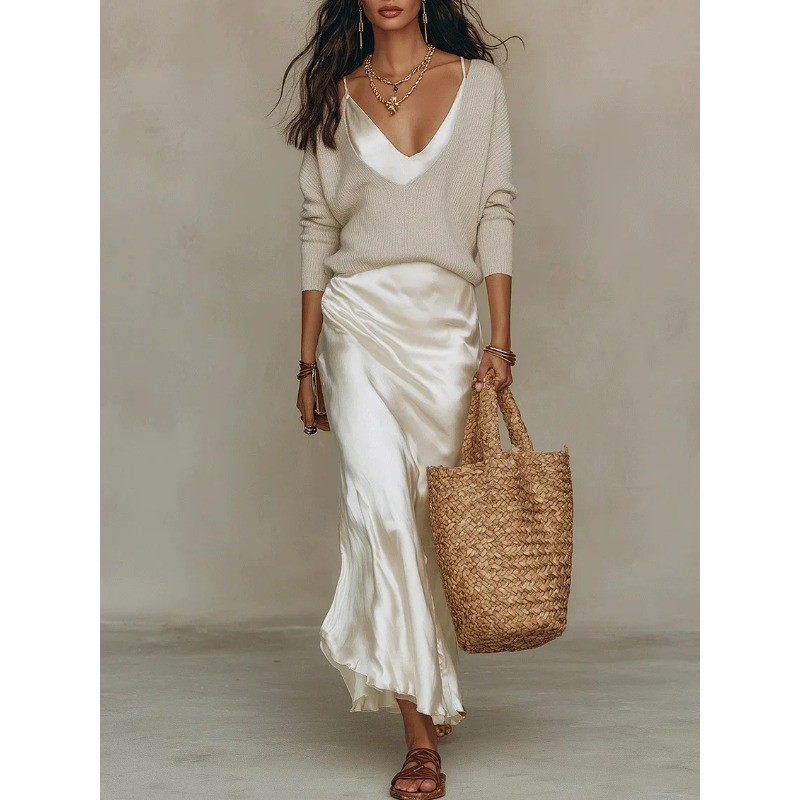 Vestido Maxi Sem Alças De Cetim Elegante E Conjunto De Jumper De Manga Comprida Com Decote Em V De Malha 202607
