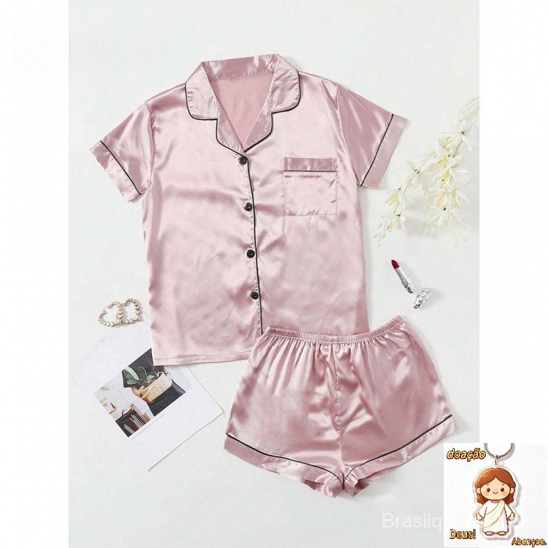 Conjunto de Pijama Feminino Shorts de Seda Gelada Solto Plus Loungewear