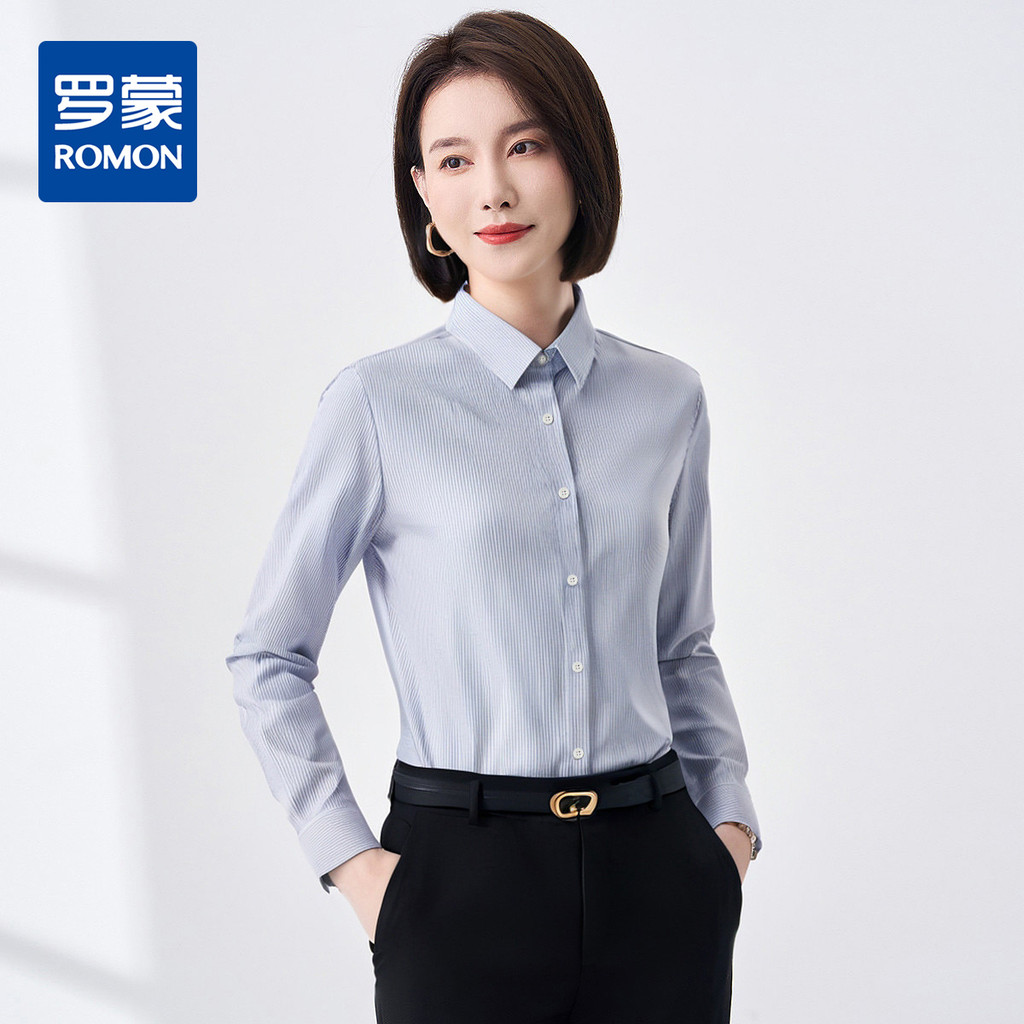 [Algodão misturado listras clássicas] Camisa feminina Romon confortável camisa de manga comprida feminina elegante e ele