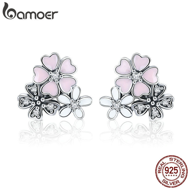 Brincos de Flor de Cerejeira Rosa em Prata Esterlina 925 da Bamoer para Mulheres/Joias/Presente SCE400 0H9S