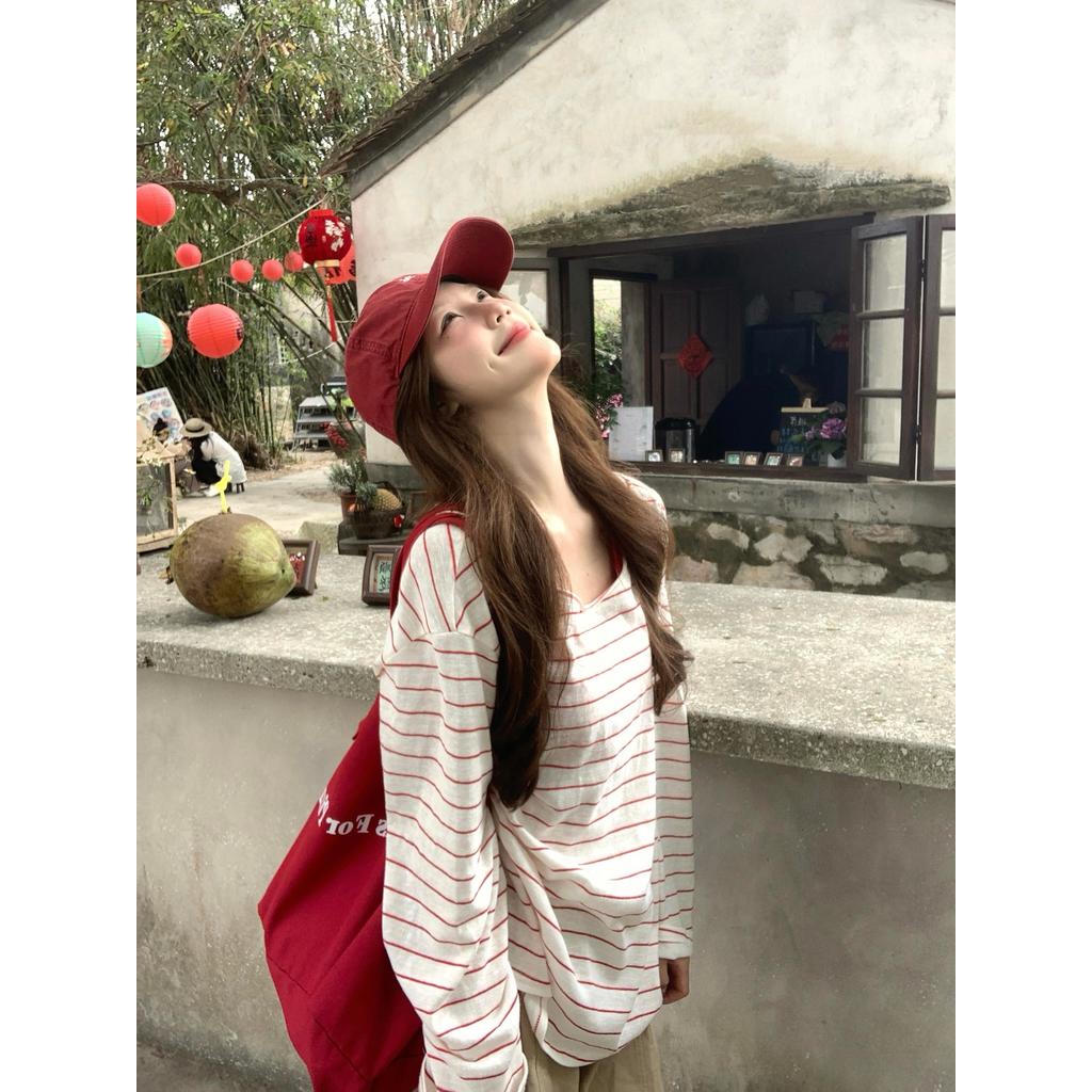 Estilo coreano vermelho branco listrado blusa camiseta feminina primavera verão 2026 novo estilo solto estilo preguiçoso