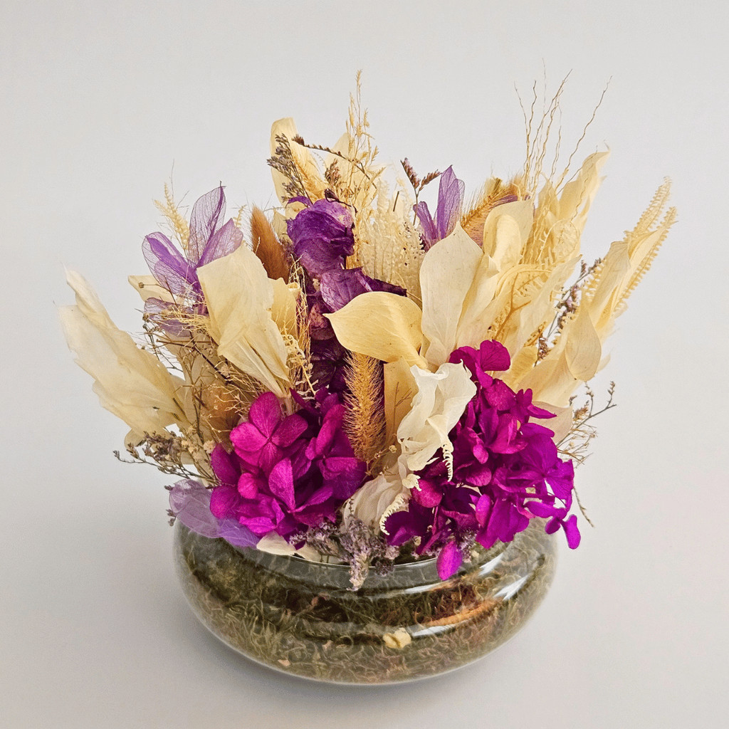 Arranjo decorativo de Flores Secas em Vaso de Vidro Decoração - Arranjo Ametista