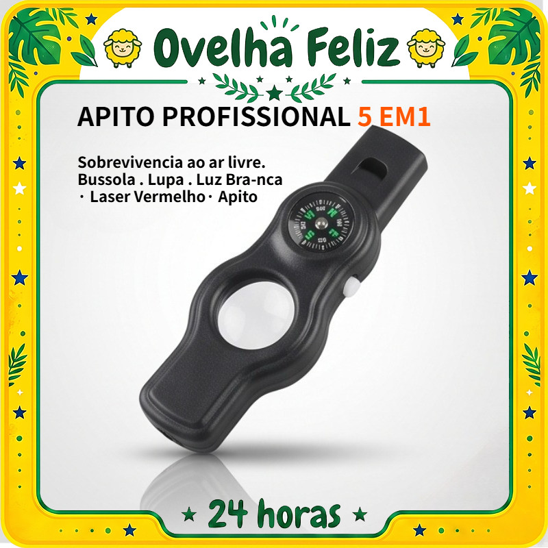 Apito Profissional 5 em 1 – Bússola, Lupa, Lanterna LED, Laser Vermelho e Apito de Sobrevivência