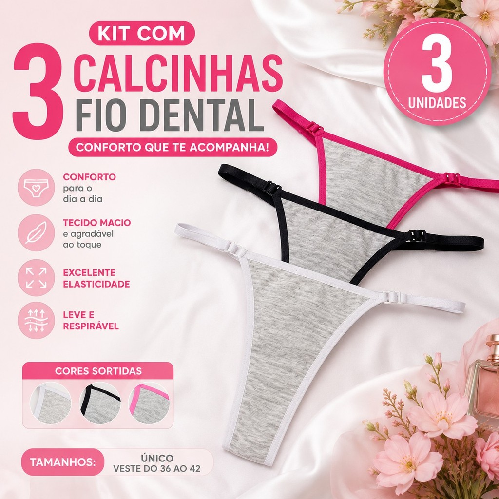 Kit 3 Calcinhas Fio Dental Regulável Feminina Algodão Confortável Ajustável Macia Sem Costura