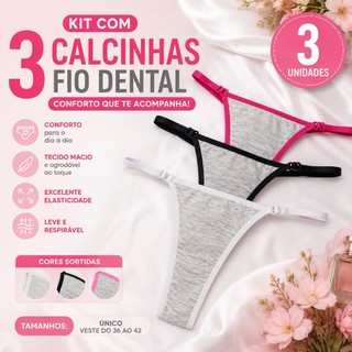 Kit 3 Calcinhas Fio Dental Regulável Feminina Algodão Confortável Ajustável Macia Sem Costura
