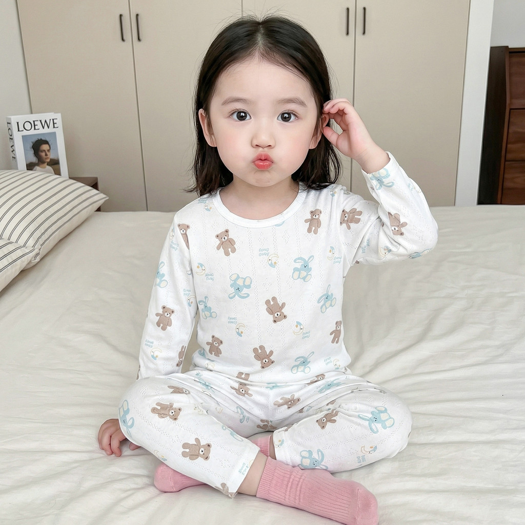 Primavera verão crianças conjunto de roupa interior fina meninas pijamas de manga comprida legal respirável médio pequen