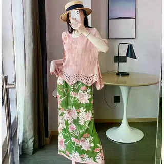 Plissado Nova Saia De Verão Feminina Impressa Moda Fenda Plissada