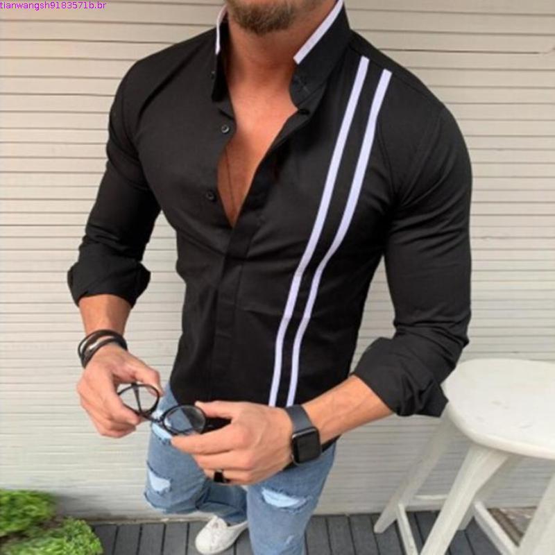 Csa Listrada De Lapela De Manga Comprida Da Moda Masculina