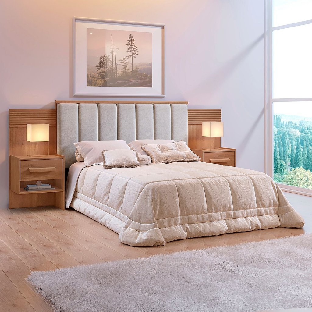 Cabeceira Casal Queen 160 cm Ripada 100% MDF Estofada Isis com 02 Mesas de Cabeceira Espresso Móveis Marrom